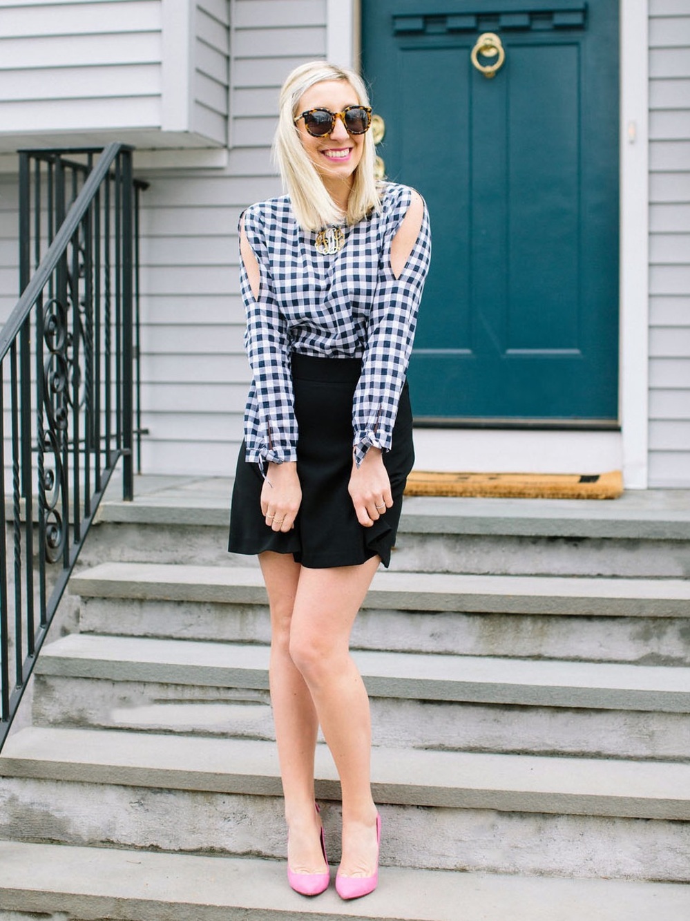 J. Crew Navy and White Gingham Lightweight Cold Shoulder Top - Picture 8 of 9